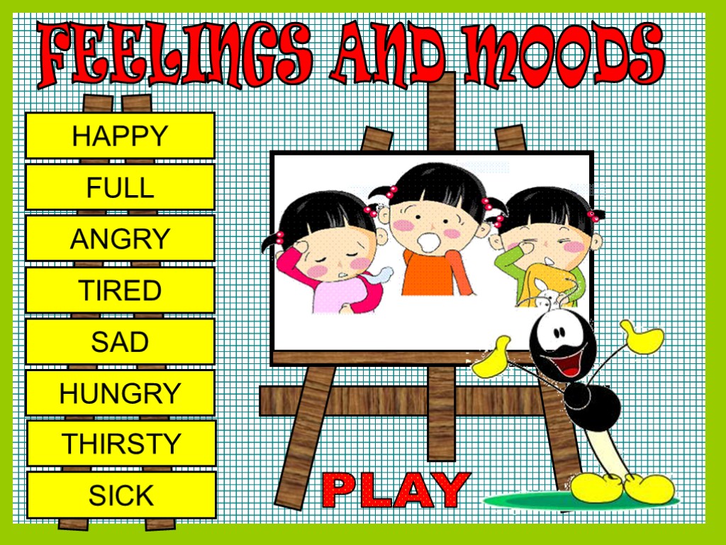 FEELINGS AND MOODS HAPPY FULL ANGRY TIRED SAD HUNGRY THIRSTY SICK PLAY